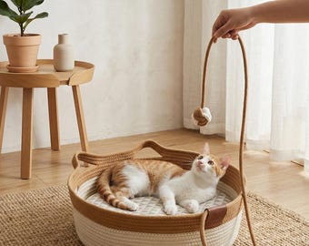 Panier pour chat en corde de coton naturel avec amuse-gueule | Jeu interactif douillet pour animal de compagnie | Lit pour chat tissé à la main avec coussin en coton