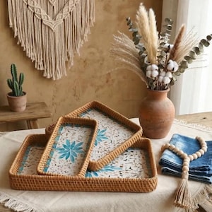 Handwoven Bohemian Rattan Trays, Set of 3 Natural Wicker Decorative Baskets with Mother of Pearl Inlay for Coffee Table Storage