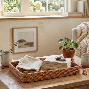 May include: A rectangular woven rattan tray holds folded linen napkins and stacked books. A small potted plant and two mugs are on the wooden table. A framed landscape painting and a bell are also visible.