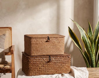 Handwoven Seagrass Storage Baskets with Lid | Boho Woven Organizer Baskets for Shelves, Closet & Home Decor | Aesthetic Decorative Box