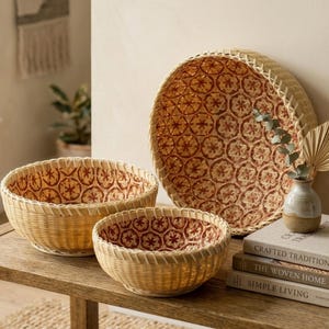 Woven Bamboo Bowl Set | Rattan Decorative Basket | Boho Home Accent | Round Wicker Serving Tray | Eco-Friendly Decor | Shelf Styling