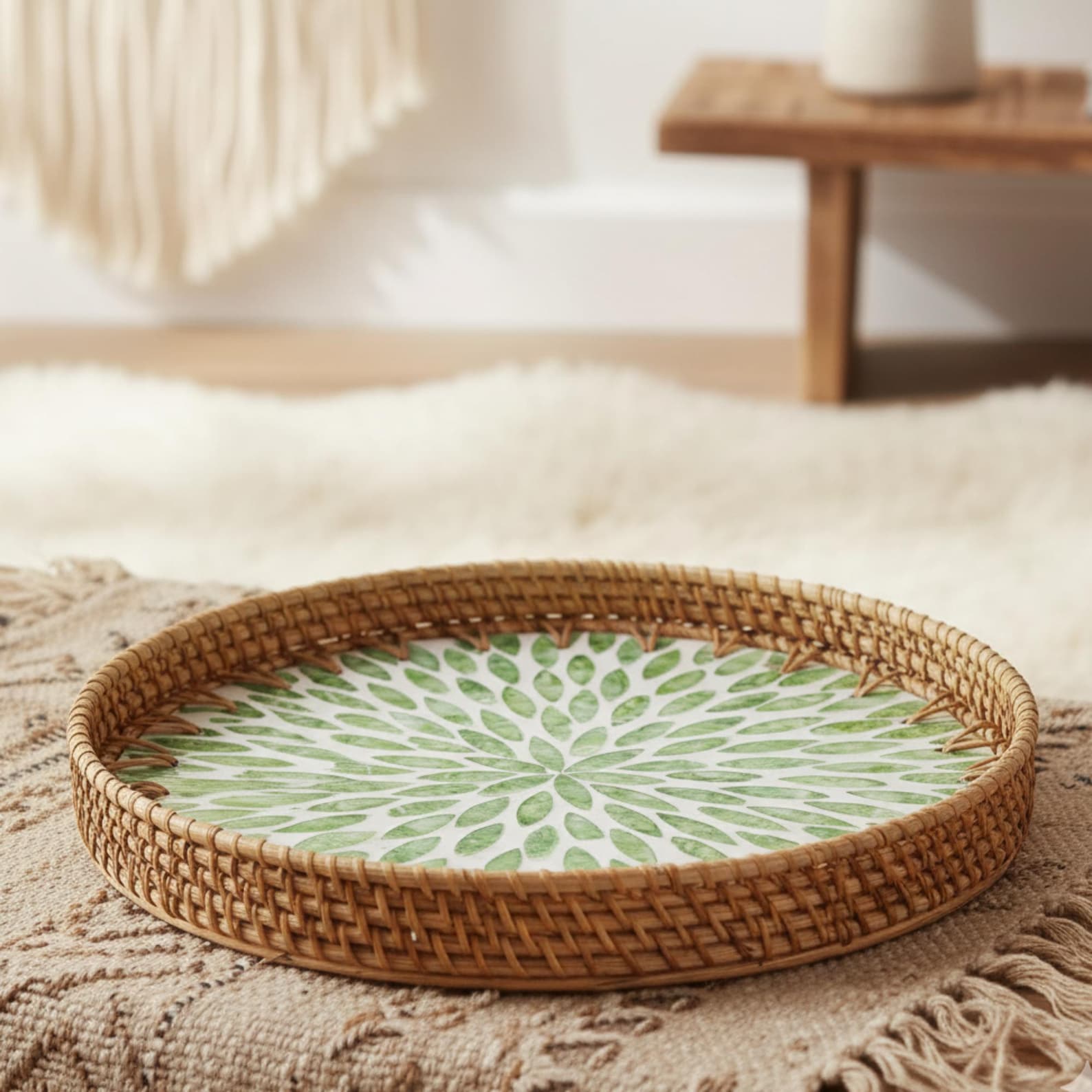Handmade Rattan Tray with Mother of Pearl Inlay | Luxury Round Serving Platter | 12 inches | Boho Chic Kitchen & Home Decor, Valentines Day - Green, Small: ( 12" x 1.3")