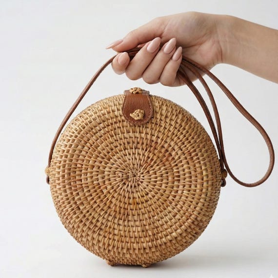 Round Rattan Bag | Bali Straw Bag – Handwoven Woven Shoulder Bag, Boho Summer Crossbody Purse, Bohemian Beach Bag, Christmas Gift for Her