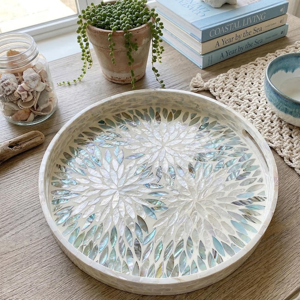 Handmade Mother of Pearl Tray | Decorative Tray | Coastal Home Decor | Unique Housewarming Gift, Boho Serving Platter with Shell Inlay