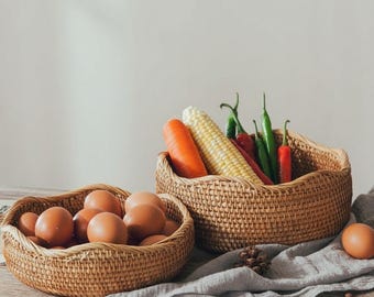 Rattan Baskets Woven, Wicker Fruit Basket, Bread Food Organizer, Kitchen Home Decor, Breadbasket for Kitchen, Storage Basket, Valentines Day