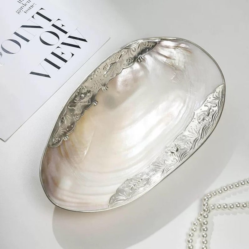 K&ouml;nnte beinhalten: Eine ovale, irisierende muschelf&ouml;rmige Schale mit einem dekorativen silberfarbenen Rand. Die Schale hat einen perlmuttartigen Glanz und steht auf einer wei&szlig;en Oberfl&auml;che. Der Text "POINT OF VIEW" ist teilweise im Hintergrund zu sehen.