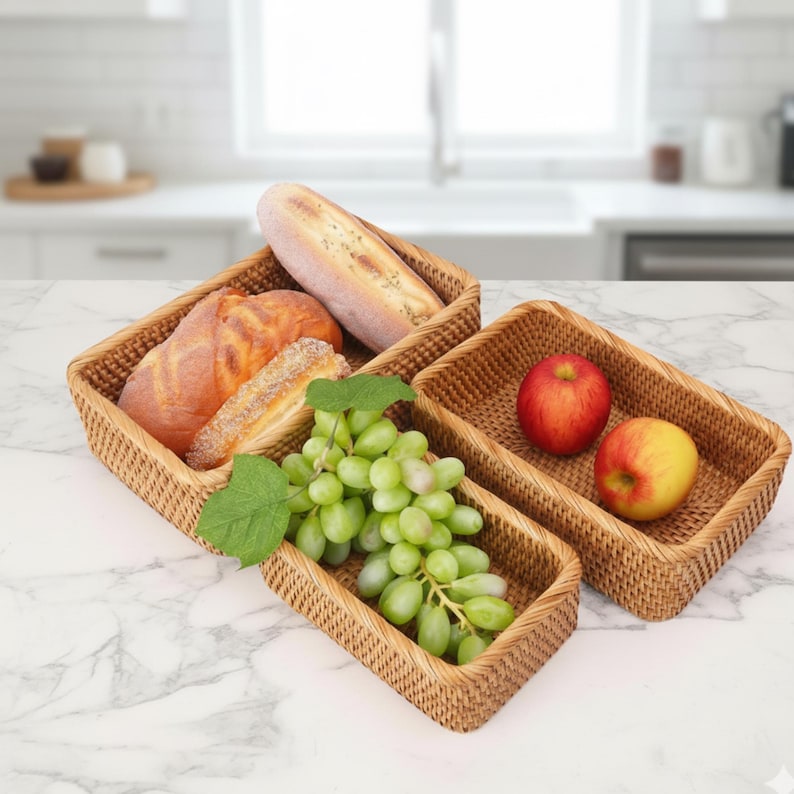 Set of 3 Handmade Rectangular Woven Rattan Storage Basket • Rattan Tray ...