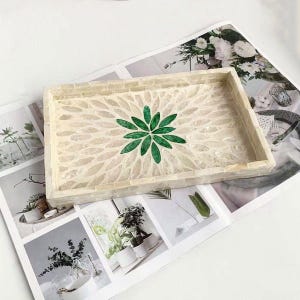 Handmade Mother of Pearl Mosaic Serving Tray | Boho Desk Organizer | Decorative Catchall for Jewelry, Keys & Trinkets | Coastal Home Decor Style G
