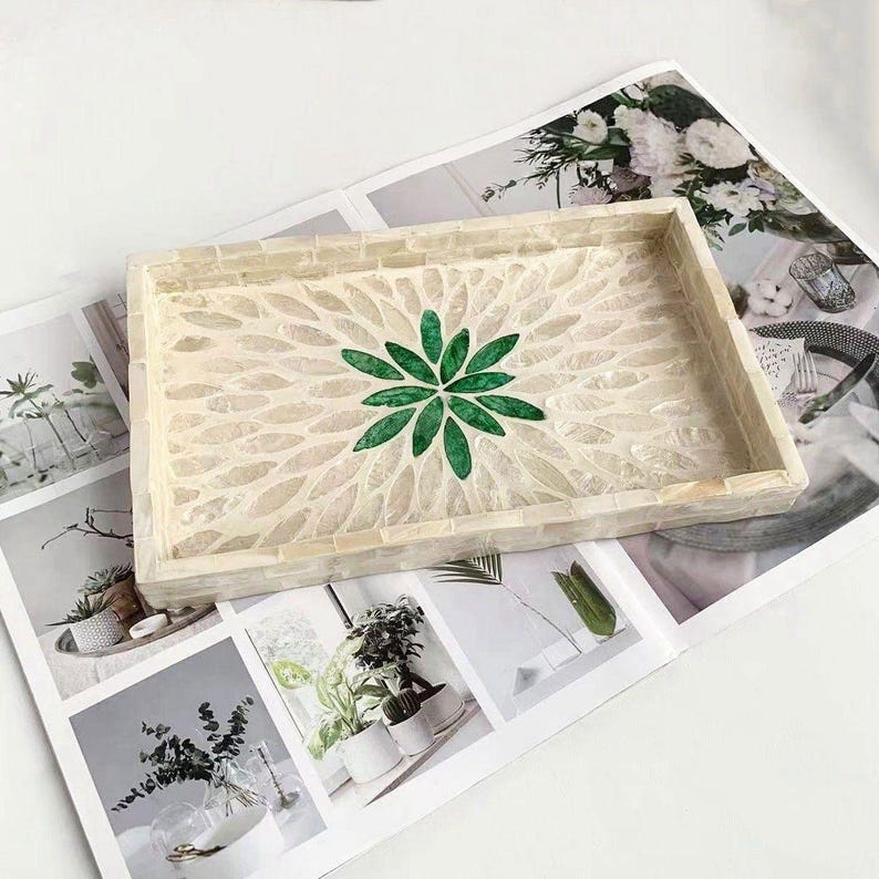 Handmade Mother of Pearl Mosaic Serving Tray | Boho Desk Organizer | Decorative Catchall for Jewelry, Keys & Trinkets | Coastal Home Decor Style G