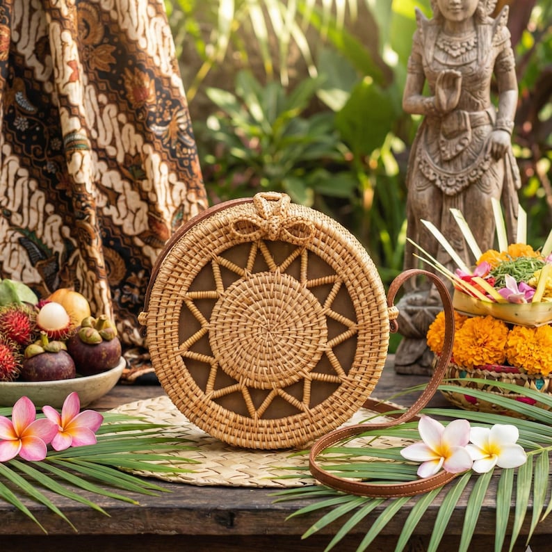 K&ouml;nnte beinhalten: Runde Handtasche aus geflochtenem Rattan mit braunem Lederriemen. Die Tasche hat ein Sonnenstrahl-Design und eine Schleife oben. Sie liegt auf einer Holzoberfl&auml;che mit tropischen Blumen und Bl&auml;ttern.