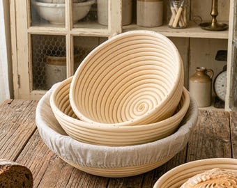 Banneton Bread Proofing Basket | Round Sourdough Proofing Bowl | Handmade Rattan Rising Basket with Liner for Artisan Bread Baking