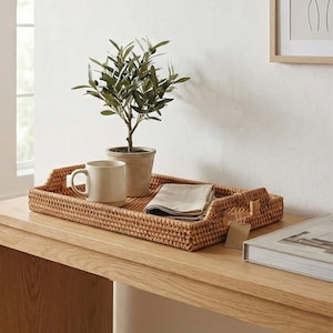 Natural Wicker Serving Tray with Handles, Farmhouse Style Rectangular Basket for Table, Kitchen, Bathroom Storage & Organizer
