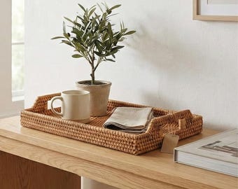Natural Wicker Serving Tray with Handles, Farmhouse Style Rectangular Basket for Table, Kitchen, Bathroom Storage & Organizer