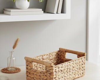 Paniers de rangement faits main en jacinthe d'eau avec cadre en bois, lot de 2, naturel, parfaits pour ranger du matériel créatif