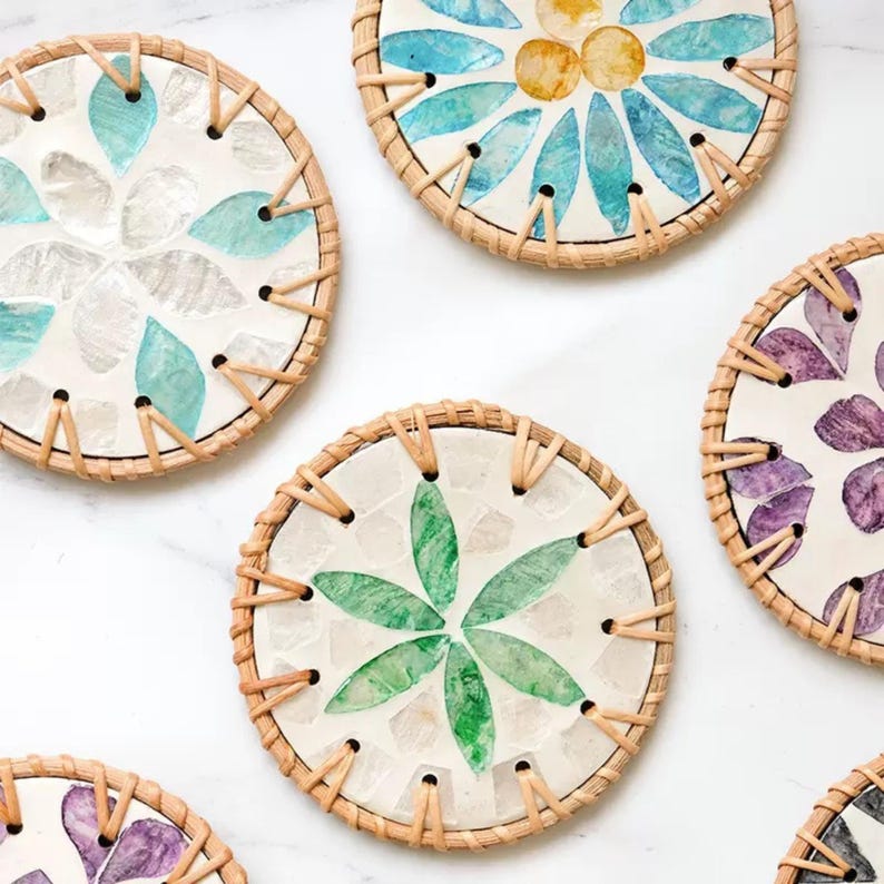 Handmade Boho Coaster Set, Natural Shell and Rattan Drink Coasters ...