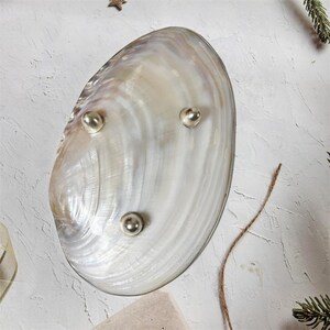 K&ouml;nnte beinhalten: Eine ovale, schillernde Muschelschale mit drei silberfarbenen, kugelf&ouml;rmigen F&uuml;&szlig;en. Die Schale hat einen perlmuttartigen Glanz mit wirbelnden Mustern in Wei&szlig;, Creme und Grau. Ein dekorativer Artikel zur Pr&auml;sentation kleiner Objekte.