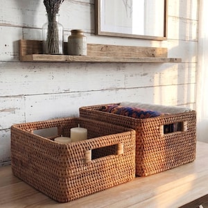 Handwoven Rattan Storage Basket with Handles | Boho Shelf Organizer | Natural Wicker Bin for Bathroom, Closet, and Living Room Decor