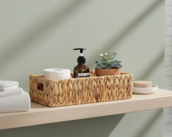 Toilet Paper Storage Basket, Natural Water Hyacinth Holder with Built-in Handles, 14.2" x 6.5" x 3.7"