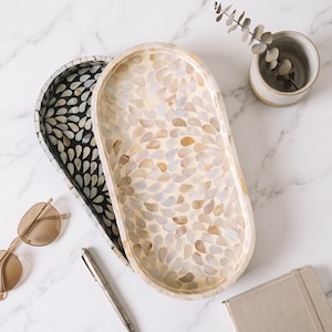 Juego de bandejas ovaladas hechas a mano con incrustaciones de nácar, bandeja decorativa para mesa de centro, bandeja para joyas de nácar blanco y gris, decoración de mesa moderna y minimalista.