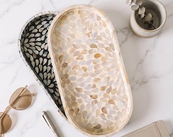 Handmade Mother of Pearl Inlay Oval Tray Set, Decorative Tray for Coffee Table, White & Grey MOP Jewelry Tray, Modern Minimalist Table Decor