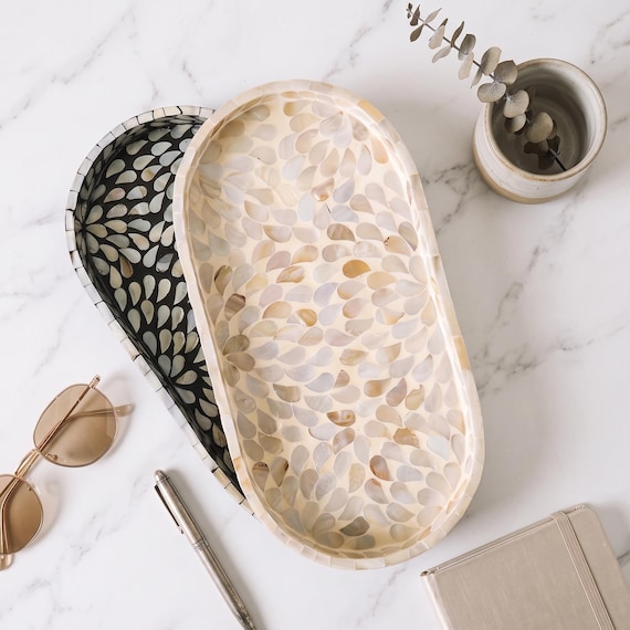 Handmade Mother of Pearl Inlay Oval Tray Set, Decorative Tray for Coffee Table, White & Grey MOP Jewelry Tray, Modern Minimalist Table Decor