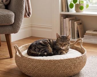 2-in-1 Woven Cat Bed & Scratcher | Natural Seagrass Round Cat Basket with Cushion | Boho Pet Furniture | Eco-Friendly Straw Kitten Lounge