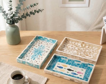 Handgemachtes Perlmutt Mosaik Serviertablett | Schreibtisch Organizer | Dekorativer Catchall für Schmuck, Schlüssel & Schmuckstücke | Küsten Wohnkultur