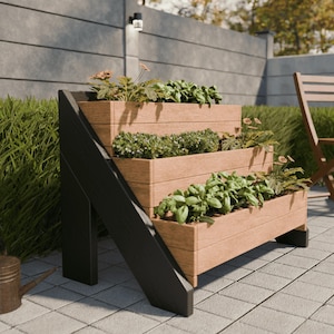 May include: A three-tiered wooden planter with black supports, filled with various green plants and flowers. The planter is designed for outdoor use and is placed on a patio. The wood has a natural finish.