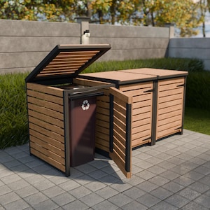 May include: Wooden slat design outdoor waste and recycling containers. The containers have a dark brown metal frame and lids. One container has an open lid and door, revealing a brown recycling bin with a recycling symbol.