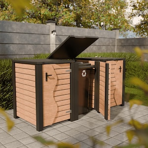 May include: An outdoor wooden bin for waste and recycling, with a black lid and frame. The sides and doors have a light brown, horizontal slatted design. The doors feature a decorative, curved design. The recycling bin has a recycling symbol.