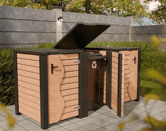 May include: A wooden outdoor trash and recycling bin with a black lid and frame. The bin has a light brown, horizontal slatted design on the sides and doors. The doors have a decorative, curved design. The recycling bin has a recycling symbol.