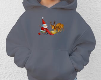 Personalized Kids Christmas Hoodie: Santa and Reindeer Sweatshirt