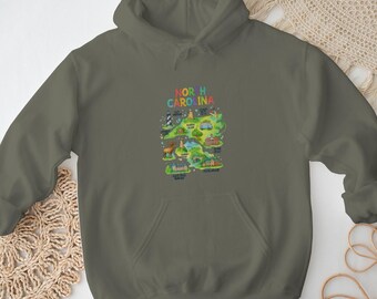 Vintage North Carolina Map Hoodie, NC Landmarks Graphic Sweatshirt
