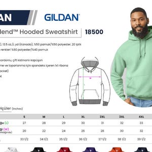 May include: A mint green Gildan Heavy Blend hooded sweatshirt, style 18500, with a pouch pocket and ribbed cuffs. The image includes a size chart with measurements in inches, ranging from S to 5XL. The model is wearing the sweatshirt.