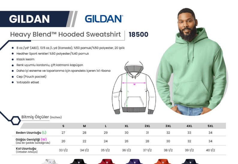 May include: A mint green Gildan Heavy Blend hooded sweatshirt, style 18500, with a pouch pocket and ribbed cuffs. The image includes a size chart with measurements in inches, ranging from S to 5XL. The model is wearing the sweatshirt.