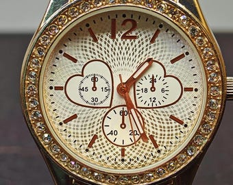 IRose Gold Quartz Watch – Heart Sub-Dial, Stone Bezel, 2000's