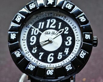 Flik Flak Youth/Women's Swiss Quartz Watch – Patterned Dial, Black Plastic Strap, 1995–2000