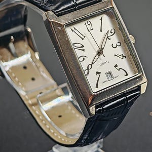 Vintage Unisex Rectangular Watch  Silver Dial, Black Leather Band  Timeless Charm
