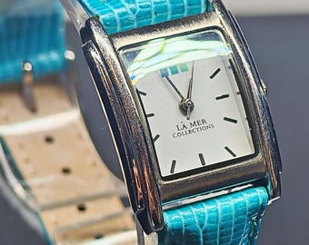 La Mer Adventure Rectangular Watch - Brand New Coral Blue Leather Band