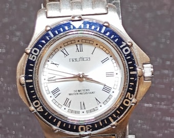 Nautica Diver Style Quartz Watch Silver White Dial Dark Blue Bezel Petite Stainless Bracelet Vintage