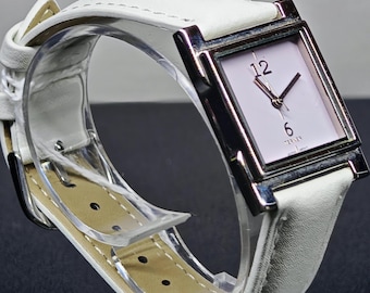 Vintage Bijoux Terner Watch with White Leather Strap and Soft Pink Dial