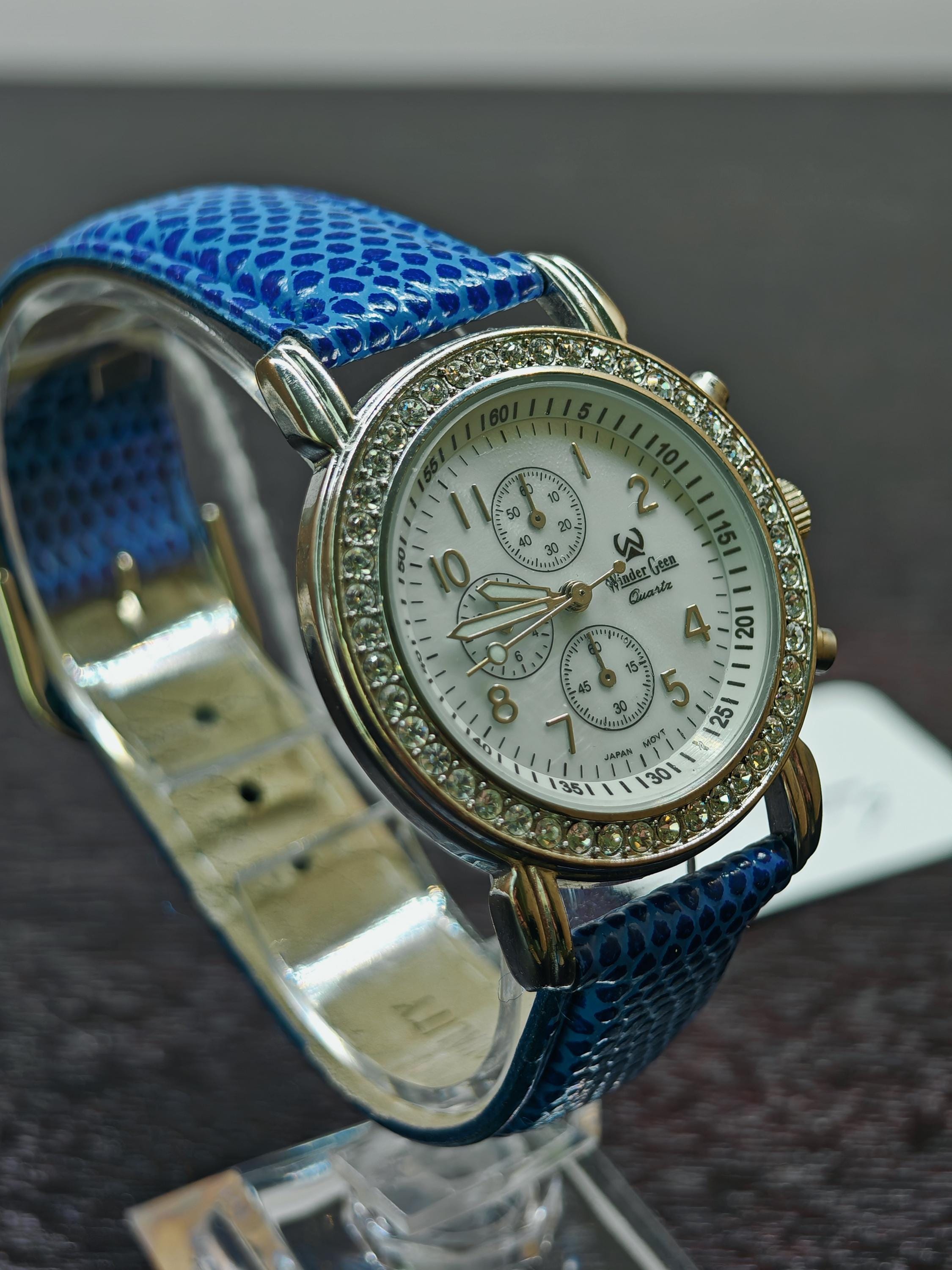 Winder Geen Quartz Watch: Rhinestone Bezel, Blue Leather  display picture 2