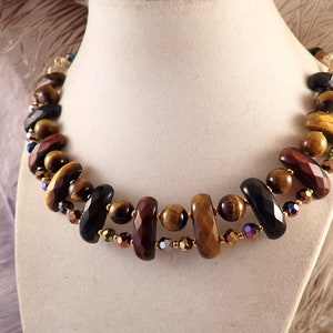 Golden, Red, and Blue Tigereye Adjustable Length Choker with Gold filled Wire and Matching Earrings