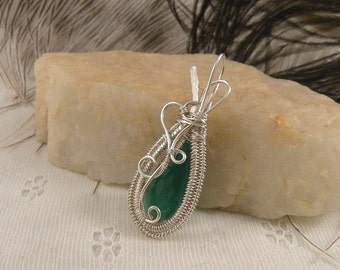 Green Onyx Pendant wrapped with Argentium Sterling Silver Wire