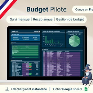 Op de afbeelding: Een laptopscherm toont een budgetbeheersspreadsheet met de titel "Budget Pilote". De interface toont maandelijkse tracking, jaarlijkse samenvattingen en budgetbeheertools. Grafieken visualiseren financiële gegevens. Een cartoon tovenaar zit rechtsonder.