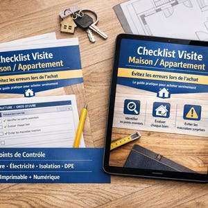 Peut inclure: Tablette et listes de contrôle imprimées avec le texte "Checklist Visite Maison / Appartement" et "Évitez les erreurs lors de l'achat". Un jeu de clés et un petit porte-clés en forme de maison sont également présents.