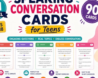 90 ESL Conversation Cards for Teens B1 | 360 Speaking Prompts | Printable EFL Activity | English Conversation Starters | TEFL Classroom, Pdf