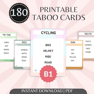 Può includere: Carte Taboo stampabili con il numero 180 in un cerchio nero. Le carte sono etichettate con parole come "Ciclismo", "Selfie", "Tik Tok", "Riso" e "Sole". Il testo "Download istantaneo | PDF" è in basso.