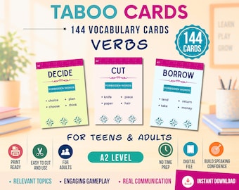 144 Forbidden Words Game for Adults & Teens | ESL Teacher Resource | Taboo Cards Game Verbs| Speaking grammar Activity | English Fluency, A2