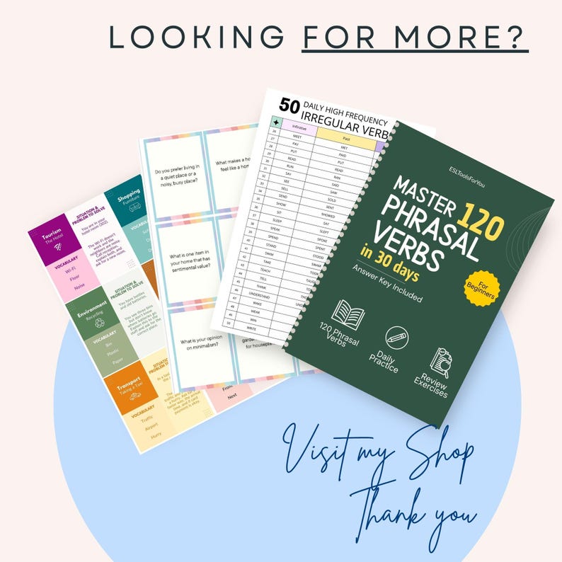 May include: A spiral-bound educational workbook titled Master 120 Phrasal Verbs in 30 days with a dark green cover, displayed alongside several colorful printed activity sheets featuring vocabulary lists, conversation prompts, and grammar tables.